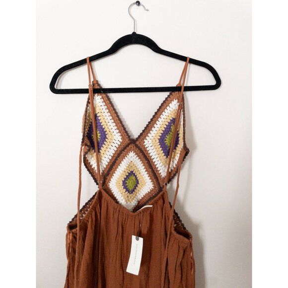 NEW By Anthropologie Boho Crochet Twofer Jumpsuit Rust Cream backless - Picture 4 of 14
